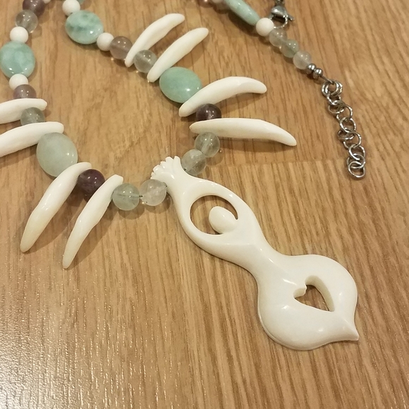 Hand Crafted Jewelry - Bone Carved Coyote Teeth Flourite Goddess Necklace